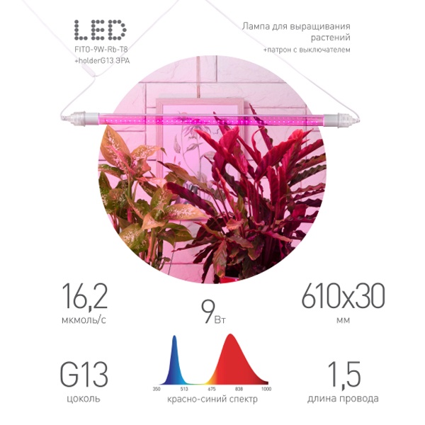 Светильник для растений, светодиодная линейная фитолампа ЭРА FITO-9W-Rb-Т8+FITO-Holder IP65 2xG13 9W