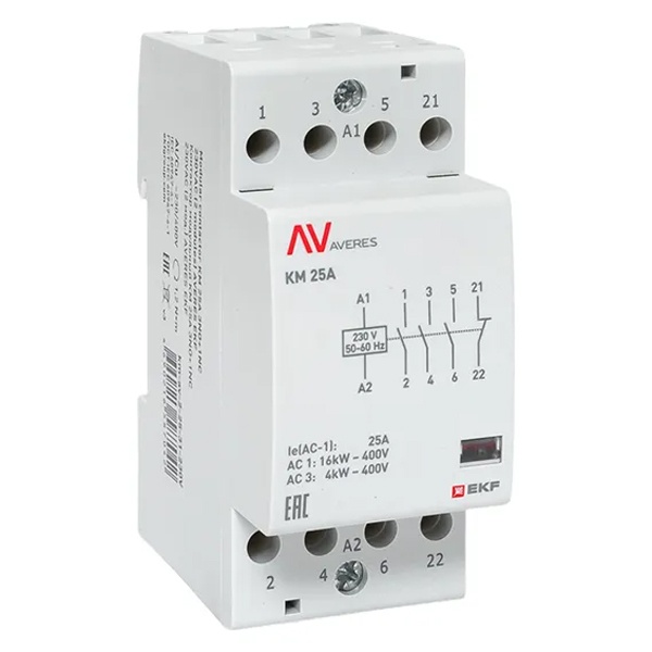 Контактор модульный EKF Averes КМ 25А 3NO+1NC 230В AC 2 модуля