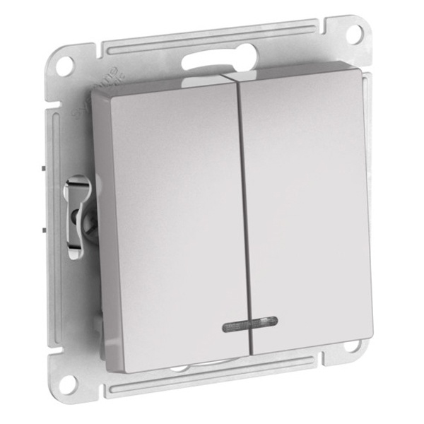 Двухклавишный выключатель с подсветкой SE AtlasDesign 10A быстрозажимные клеммы, алюминий [уп 10 шт]