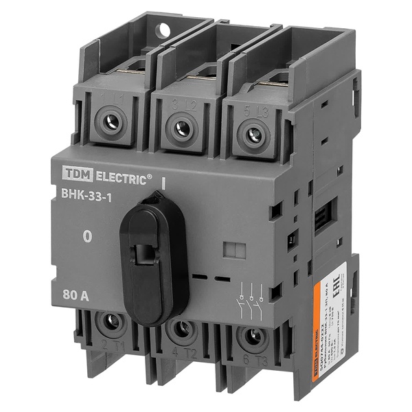 Рубильник TDM ВНК-33-1 3П 80А с установленной фронтальной ручкой управления (выключатель нагрузки)