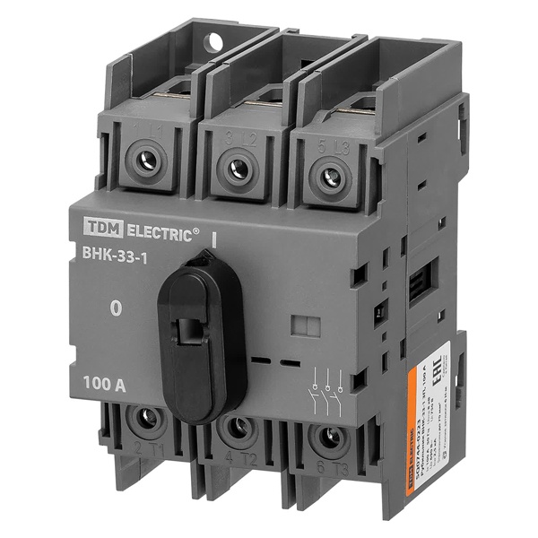 Рубильник TDM ВНК-33-1 3П 100А с установленной фронтальной ручкой управления (выключатель нагрузки)