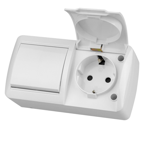 Блок TDM Селигер выключатель 1-клавишный + розетка 2П+З со шторками и крышкой IP54 белый