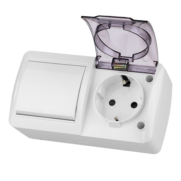Блок TDM Селигер выключатель 1-клавишный + розетка 2П+З со шторками и прозрачной крышкой IP54 белый