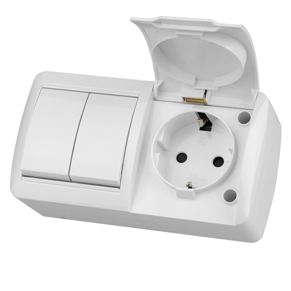 Блок TDM Селигер выключатель 2-клавишный + розетка 2П+З со шторками и крышкой IP54 белый