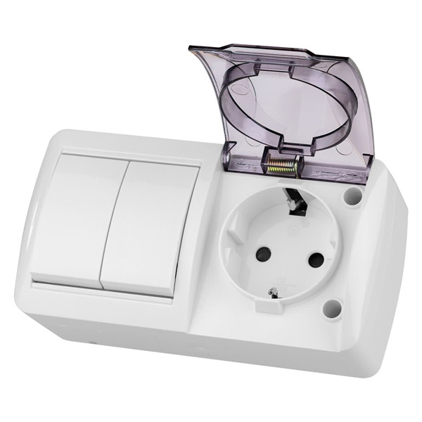 Блок TDM Селигер выключатель 2-клавишный + розетка 2П+З со шторками и прозрачной крышкой IP54 белый