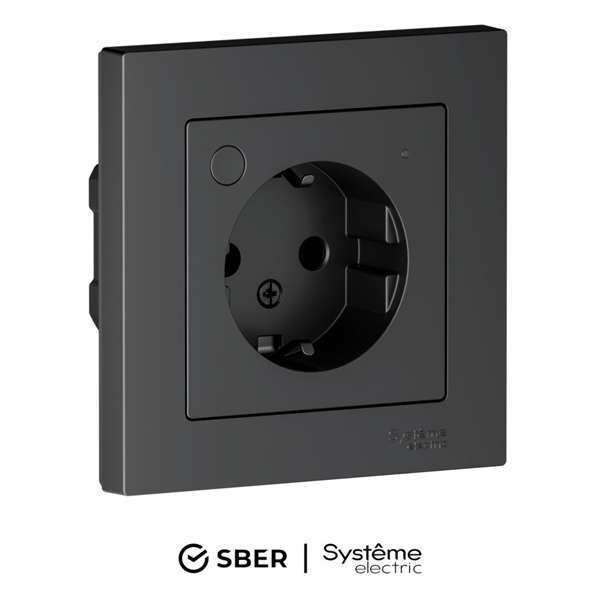 Умная розетка AtlasDesign Sber & Systeme Electric 2P+E 16А шторки Zigbee L+N, карбон