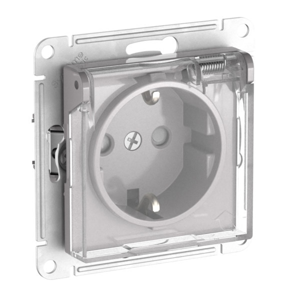 Розетка SE AtlasDesign 2P+E шторки с прозрачной крышкой 16А быстрозажимные IP44 Aqua, алюминий