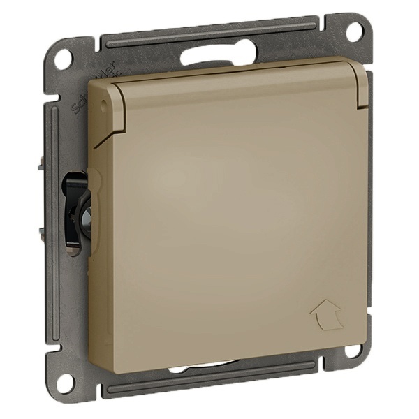 Розетка с заземл со шторк с крышкой SE AtlasDesign 16А IP20 быстрозажимные клемм, шампань [уп 10 шт]