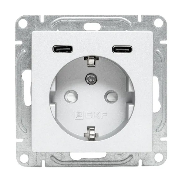 Механизм розетки EKF 2P+E 16А с USB-C - 2шт со шторками Эпика алюминий