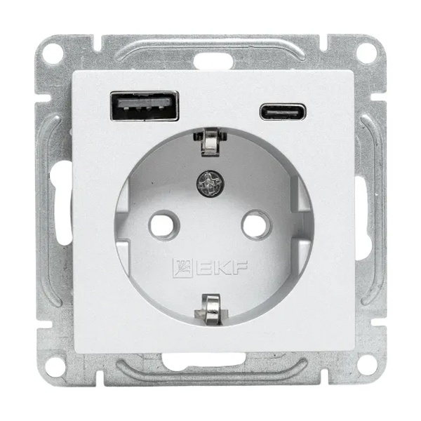 Механизм розетки EKF 2P+E 16А с USB-А и USB-C со шторками Эпика алюминий
