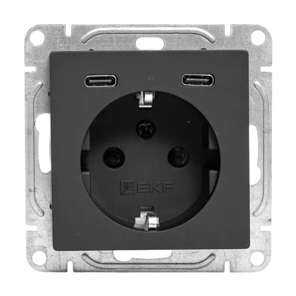 Механизм розетки EKF 2P+E 16А с USB-C - 2шт со шторками Эпика черный