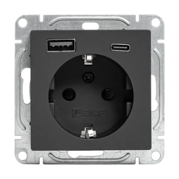 Механизм розетки EKF 2P+E 16А с USB-А и USB-C со шторками Эпика черный