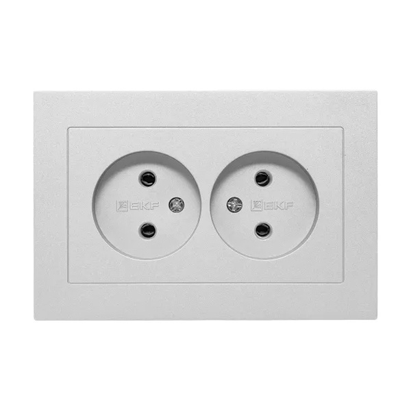 Двойная розетка EKF без заземления 2х2P 16А с рамкой Эпика алюминий