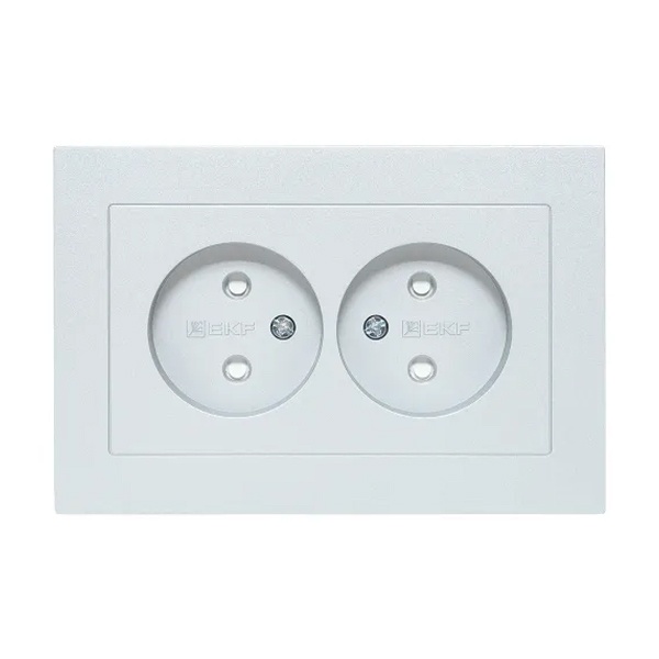 Двойная розетка EKF без заземления 2х2P 16А с защитными шторками с рамкой Эпика алюминий