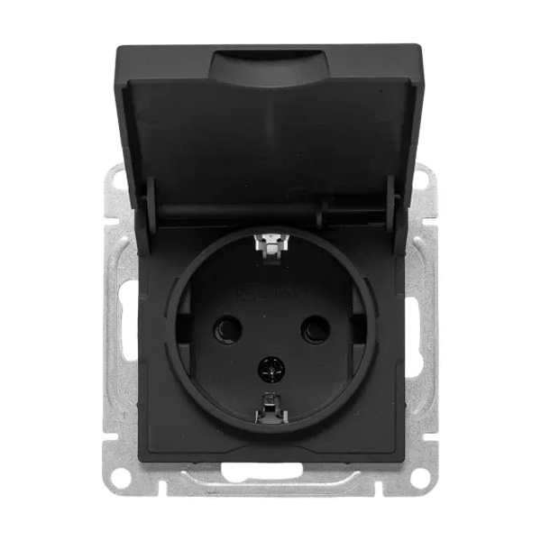 Механизм розетки EKF 2P+E 16А с защитными шторками с крышкой IP44 Эпика черный