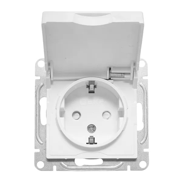 Механизм розетки EKF 2P+E 16А с защитными шторками с крышкой IP44 Эпика белый