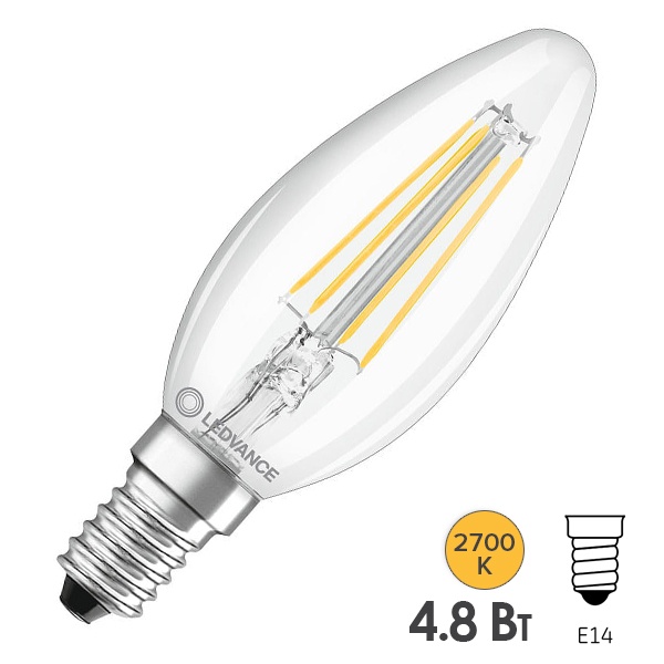 Лампа филаментная светодиодная свеча Ledvance LED CLP 40 4,8W/827 230V E14 CL DIM 470Lm теплый свет
