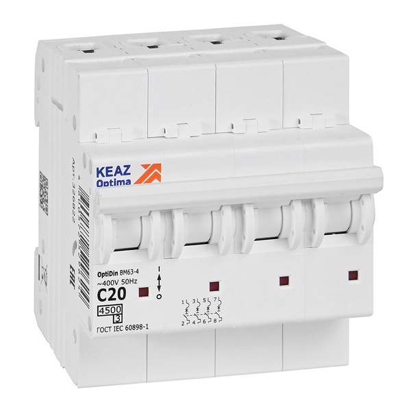 Автоматический выключатель КЭАЗ OptiDin BM63-4C20-4,5-УХЛ3 4P 20A C 4,5кА (автомат электрический)