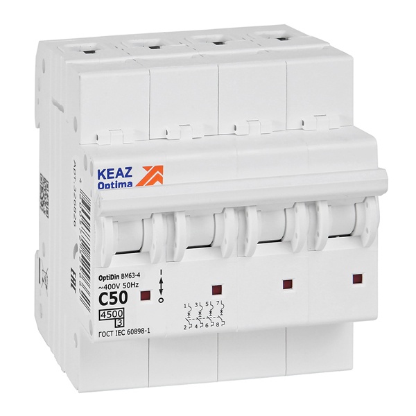 Автоматический выключатель КЭАЗ OptiDin BM63-4C50-4,5-УХЛ3 4P 50A C 4,5кА (автомат электрический)