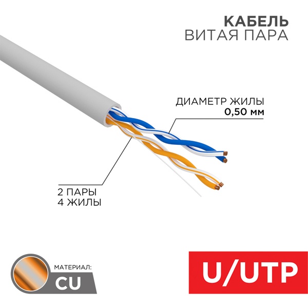 Кабель витая пара Rexant неэкранированный UTP 2PR 24AWG cat 5e CU серый [305м] (провод для интернета)