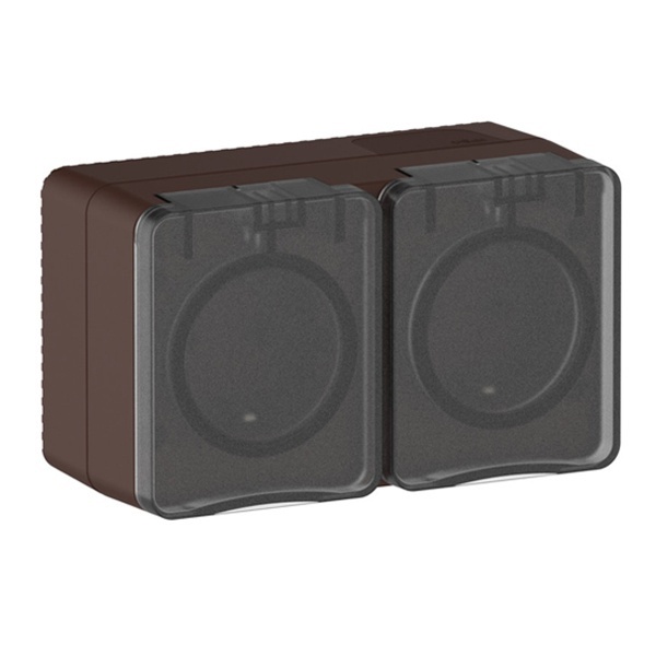 Двойная розетка SE AtlasDesign 2П+3 со шторками открытой установки Profi54 16А 250В IP54 коричневый