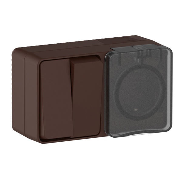 Блок: розетка SE AtlasDesign 2П+3 шторки 16А + 2-к выкл. 10A отк/установки Profi54 IP54 коричневый