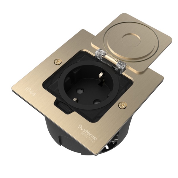 Лючок SE MultiDesk MDK21 с розеткой 2P+E и монтажной коробкой в стену,фальшпол,стол никель IP44