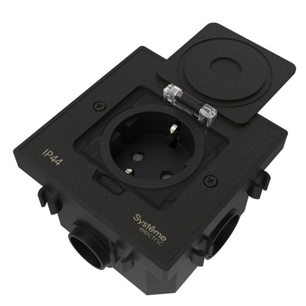 Лючок SE MultiDesk MDK21 с розеткой 2P+E и монтажной коробкой в бетонный пол черный матовый IP44