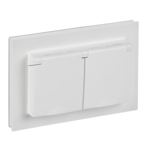 Розетка ИЭК BRITE 2х2P+E Schuko шторки с крышкой двойная 16А IP44 арктический белый в сборе (РСбш12-