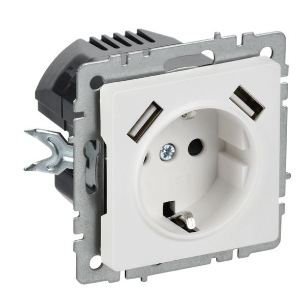 Зарядка ИЭК BRITE розетка 2Р+Е со шторками 16А с USB A+A 2,1А арктический белый (РЮш10-1-БрАБ)