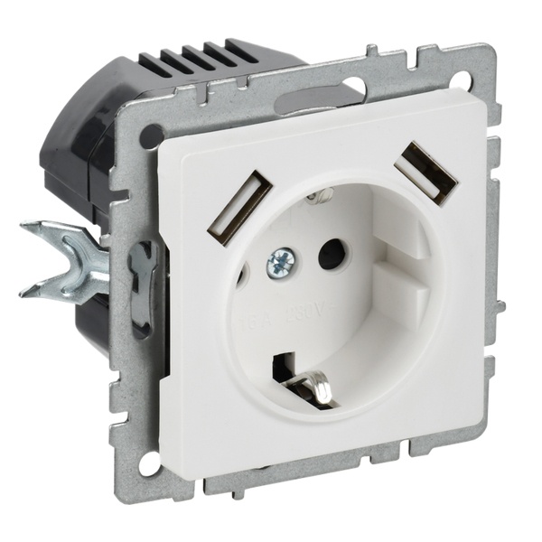 Зарядка ИЭК BRITE розетка 2Р+Е со шторками 16А с USB A+A 3,1А арктический белый (РЮш10-2-БрАБ)