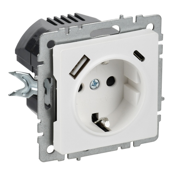 Зарядка ИЭК BRITE розетка 2Р+Е со шторками 16А с USB A+С 3,1А арктический белый (РЮш11-1-БрАБ)