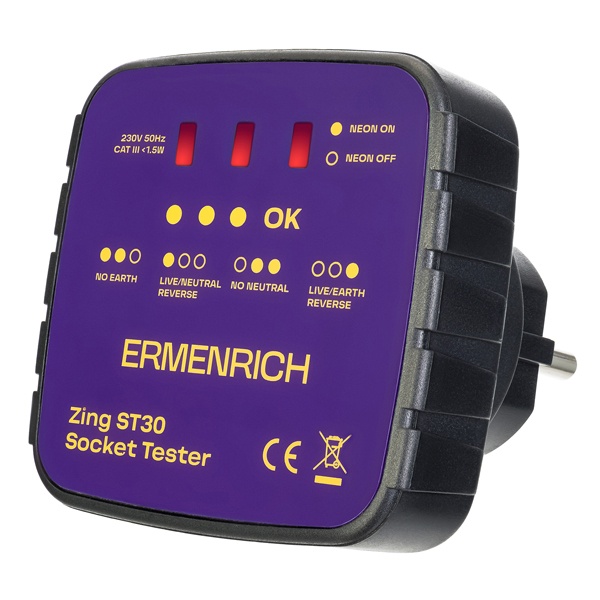 Тестер розеток Ermenrich Zing ST30, 230 В фиолетовый