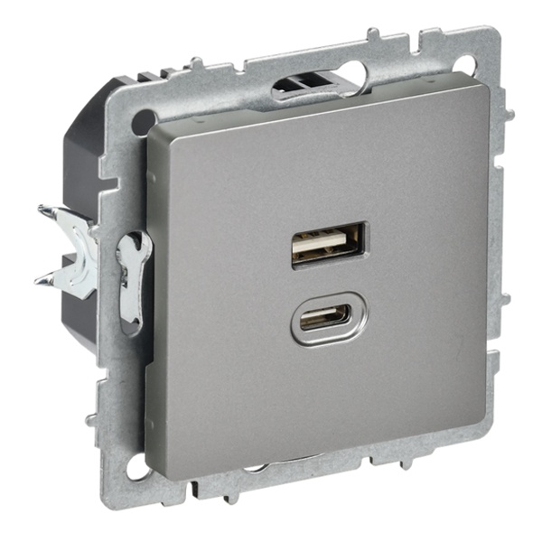 Зарядка высокоскоростная ИЭК BRITE USB A+C 45Вт сталь (РЮ11-2-БрС)