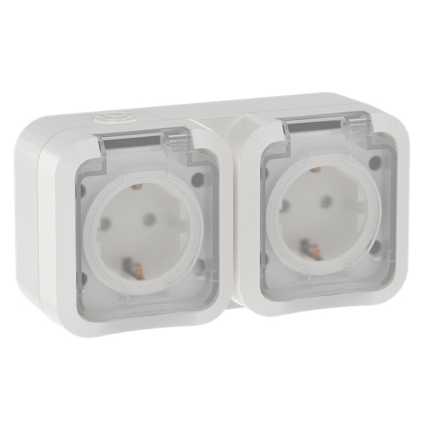 Розетка двойная ИЭК TORS TS322 2х2П+3 с крышкой и шторками горизонтальная 16А IP55 белый