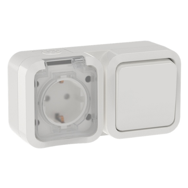 Блок розетка ИЭК TORS TS342 2П+3 и 1-клавишный выключатель горизонтальный 16А IP55 белый