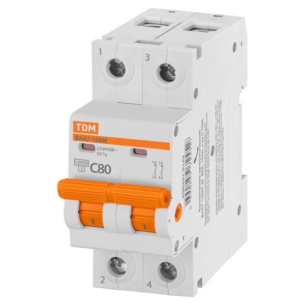 Выключатель автоматический TDM ВА47-100М 2Р  С80А 10кА 2 модуля