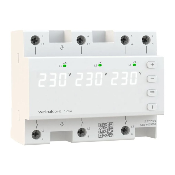 Реле контроля напряжения Welrok D6-63 3Ф 3х63А (max 3х80A) 3х14490ВА белый 6м