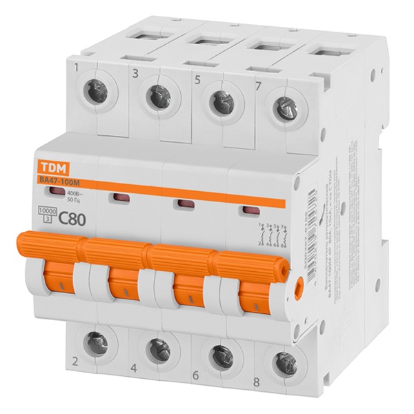Выключатель автоматический TDM ВА47-100М 4Р  С80А 10кА 4 модуля