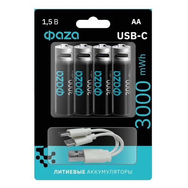 Аккумулятор литиевый Фаzа AA 1.5В Li-Ion 3000мА.ч зарядка от Type-C, шнур в комплекте (упаковка 4шт)