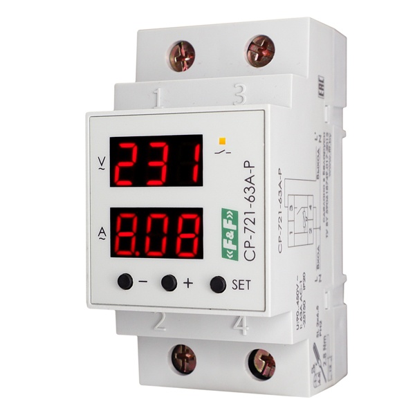 Реле напряжения с контролем тока и мощности Евроавтоматика CP-721-63A-P 1ф 1NO 63А 90..450В TrueRMS