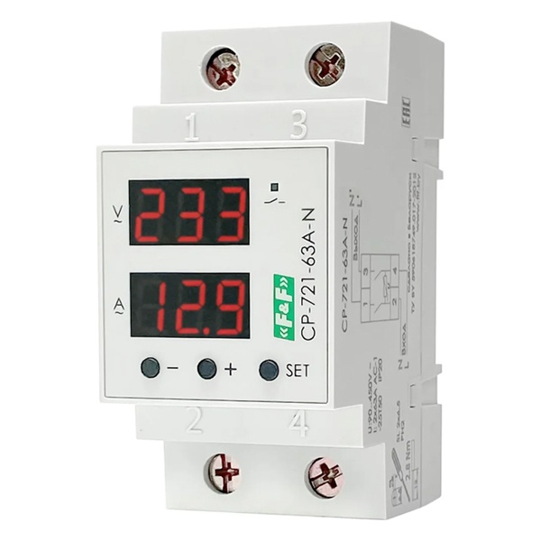 Реле напряжения с контролем тока и мощности Евроавтоматика CP-721-63A-N 1ф 2NO 63А 90-450В TrueRMS