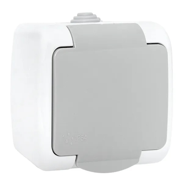 Розетка EKF Мурманск 16А с заземлением с защитными шторками и крышкой IP54 серый