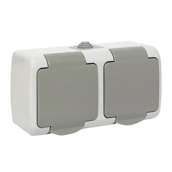 Розетка двойная EKF Мурманск 16А с заземлением с защитными шторками и крышкой IP54 серый