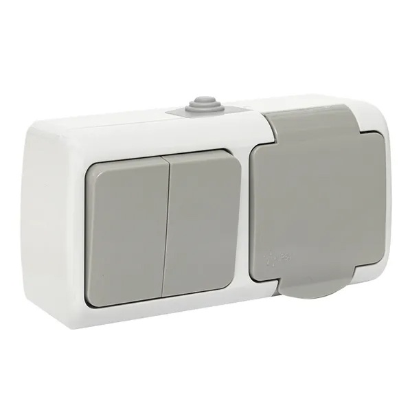 Блок розетка с заземлением и крышкой + двухклавишный выключатель EKF Мурманск IP54 серый