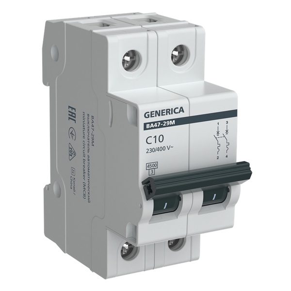 Автоматический выключатель Generica (ИЭК) ВА 47-29М 2Р 10А 4,5кА характеристика С (автомат электрический)