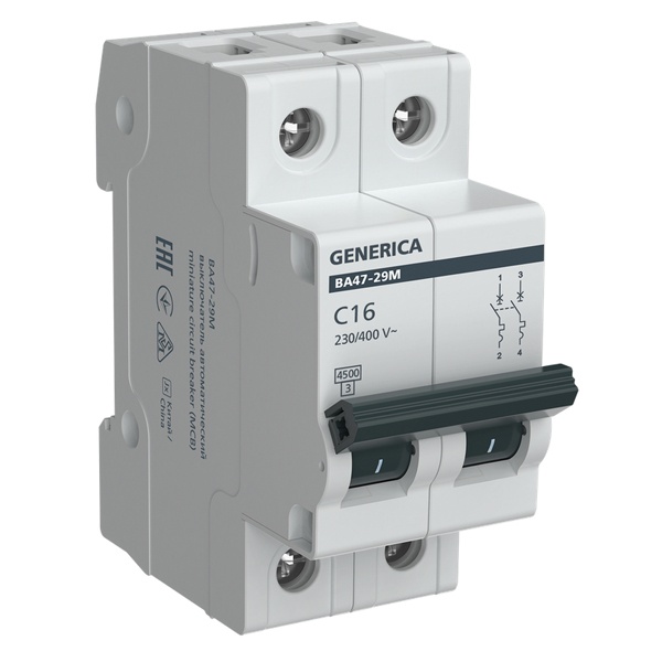 Автоматический выключатель Generica (ИЭК) ВА 47-29М 2Р 16А 4,5кА характеристика С (автомат электрический)