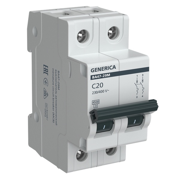 Автоматический выключатель Generica (ИЭК) ВА 47-29М 2Р 20А 4,5кА характеристика С (автомат электрический)