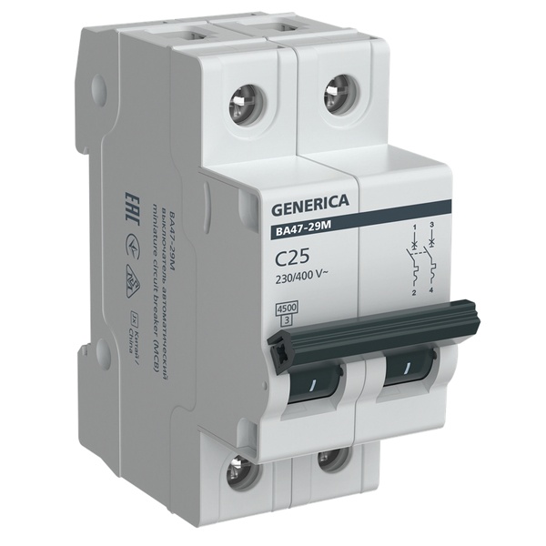 Автоматический выключатель Generica (ИЭК) ВА 47-29М 2Р 25А 4,5кА характеристика С (автомат электрический)