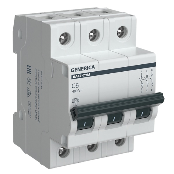 Автоматический выключатель Generica (ИЭК) ВА 47-29М 3Р 6А 4,5кА характеристика С (автомат электрический)